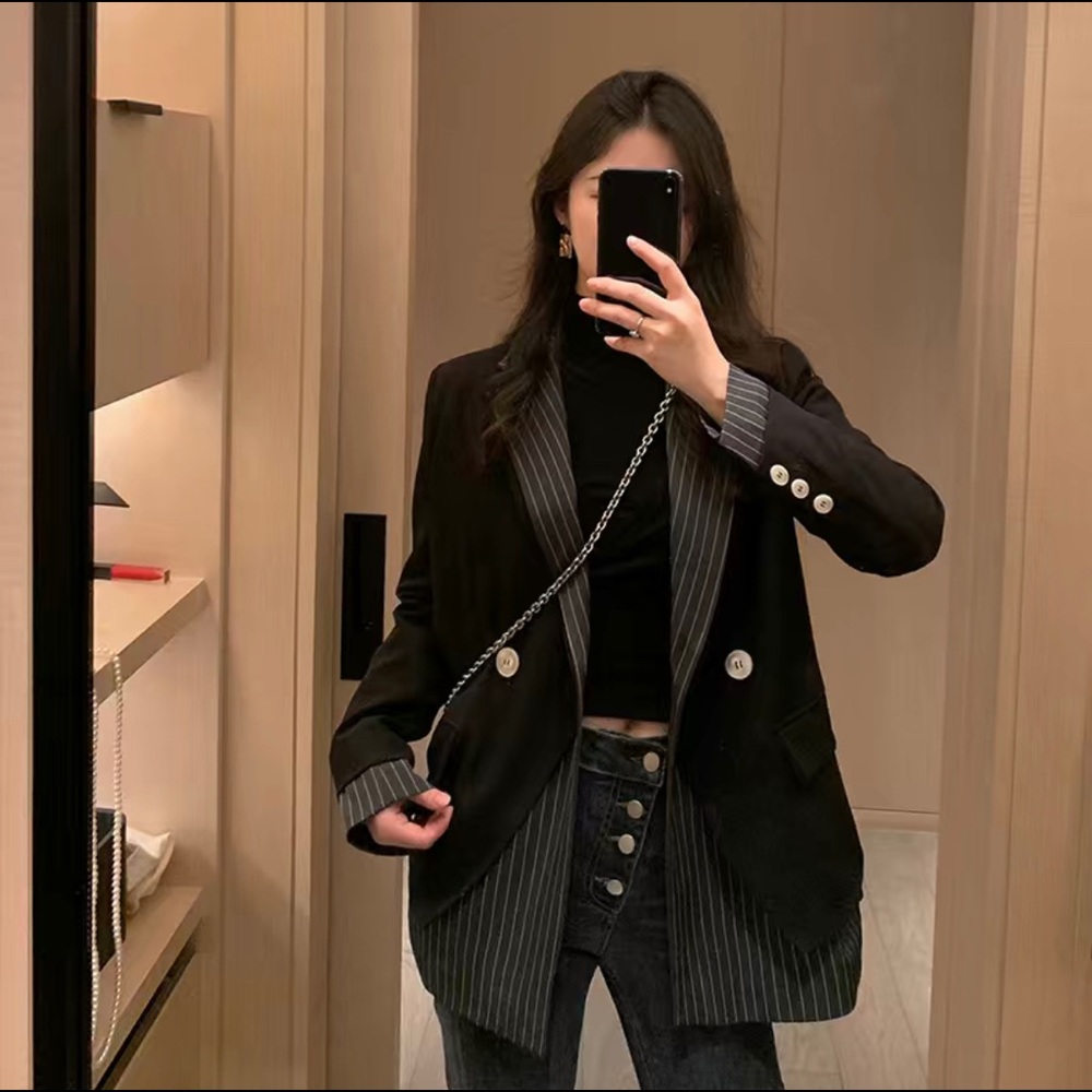 Black & Grey Striped Layer Blazer for Women